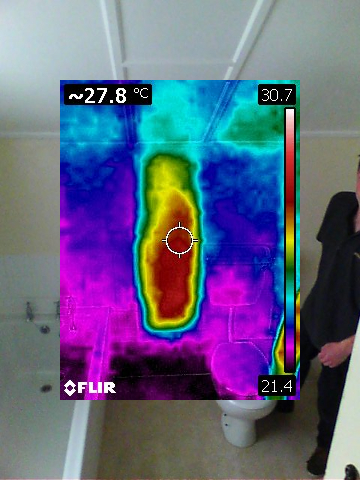 Honey bee removal survey - thermal image of a honey bee colony in a cavity of a timber frame structure - internal - Rhayader, Powys - removed by honey bee removal & relocation specialists SwarmCatcher