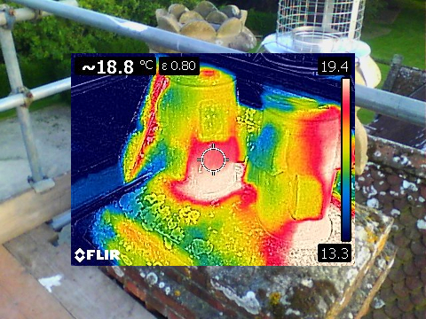 Honey bee removal survey - thermal image of a honey bee nest in a chimney pot - Esher, Surrey - removed by honey bee removal & relocation specialists SwarmCatcher