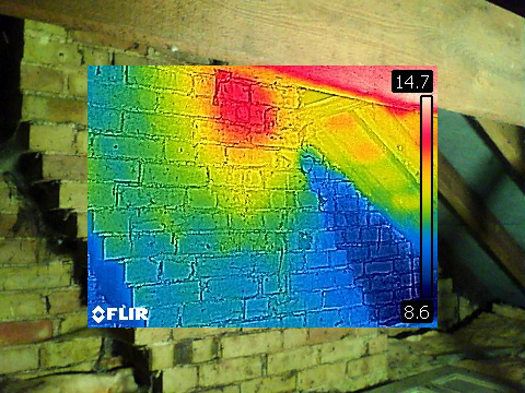Honey bee removal survey - thermal image of a honey bee colony in a concealed chimney flue - Cottenham, Cambridgeshire - removed by honey bee removal & relocation specialists SwarmCatcher